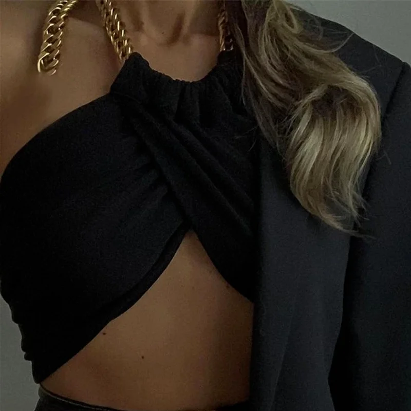 

Bottom-wrapped Chest Vest Women's Summer Sexy Metal Chain Decorative Neck Top Backless Cropped Black Packaging Top Sexy Street