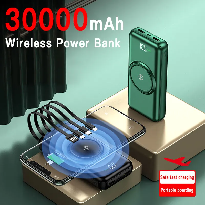 

Wireless Power Bank 30000mAh Fast Charging External Charger Built in Cables Digital Display External Battery for Xiaomi iphone