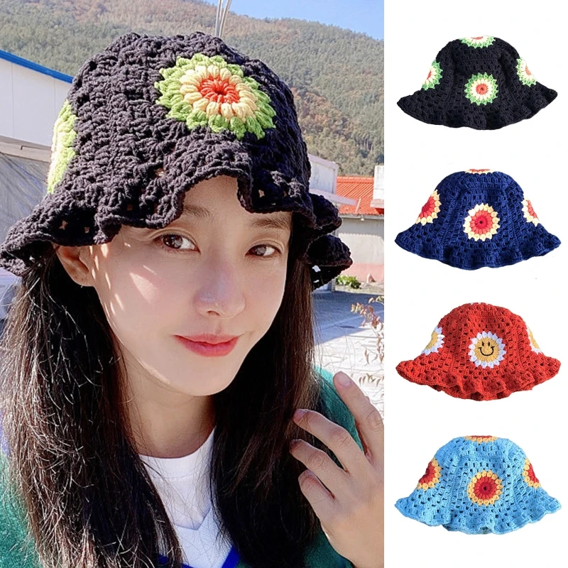 

Crochet Flower Pattern Bucket Hat Multicolor Foldable Wide Brim Hat Sunproof