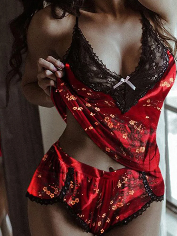 

Floral Print Lace Cami Sexy Lingerie Set Nightwear Exotic Set