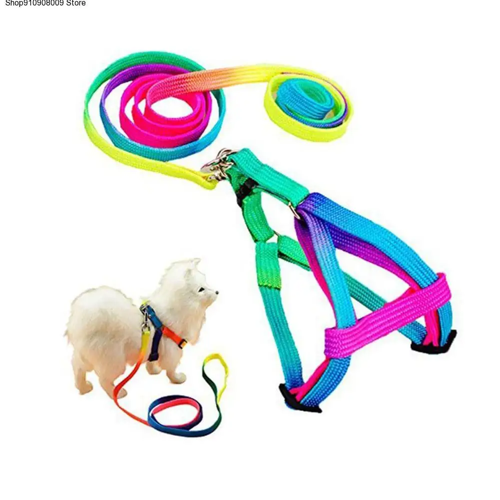 

Adjustable Breakaway Rainbow Nylon Small Rabbit Cat collar leash breast-band Dog lead Harness set goods for Pets