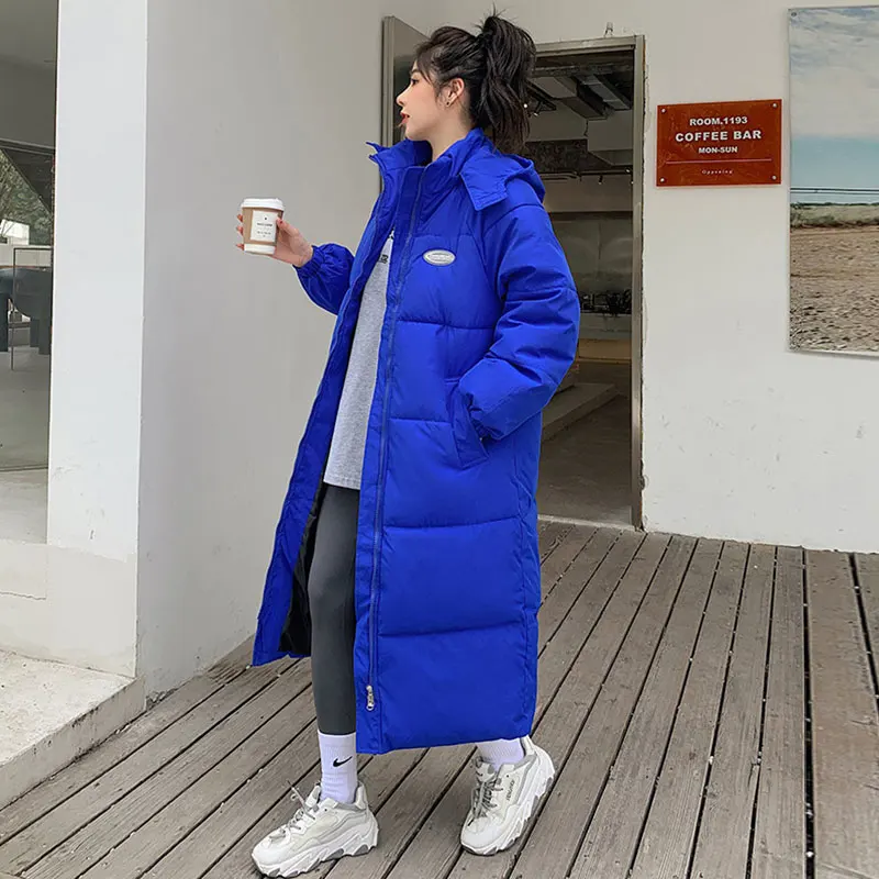 

Lengthened Padded Coat Women 2022 Thick Winter Down Cotton Jacket Large Size Loose Warm Outwear Female Solid Color Hooded Parka