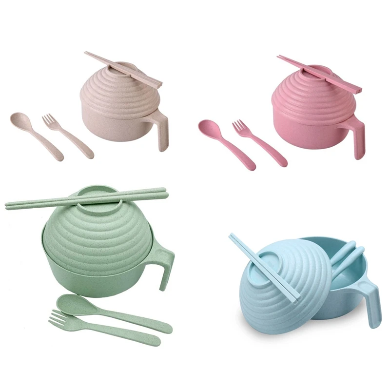 

Eco-Friendly Wheat Straw Instant Noodles Bowl With Lid Handle Dinnerware Set Soup Salad Rice Bowl Microwaveable