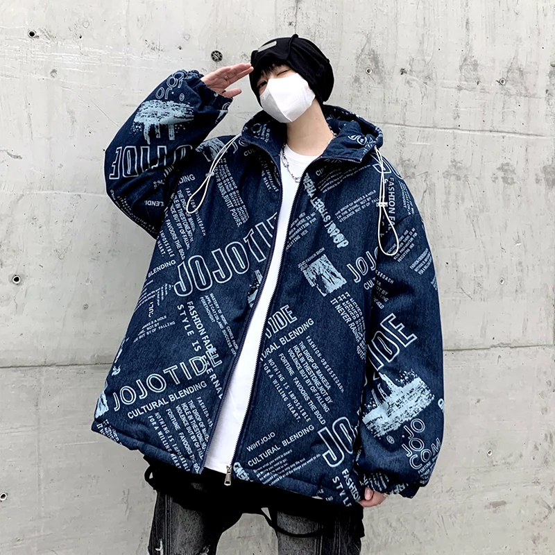 Letter Print Denim Puffer Jacket for Teenage Fashion Trends High Streetwear Mens Winter Thick Windproof Coats Padded Warm Parkas