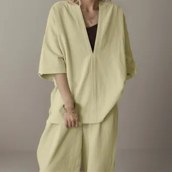 Women Solid Color Suit Spring Autumn Three Quarter Sleeve Cotton Loose Round Neck V Neck Slit Long Pants Sequin Suits For Women 1