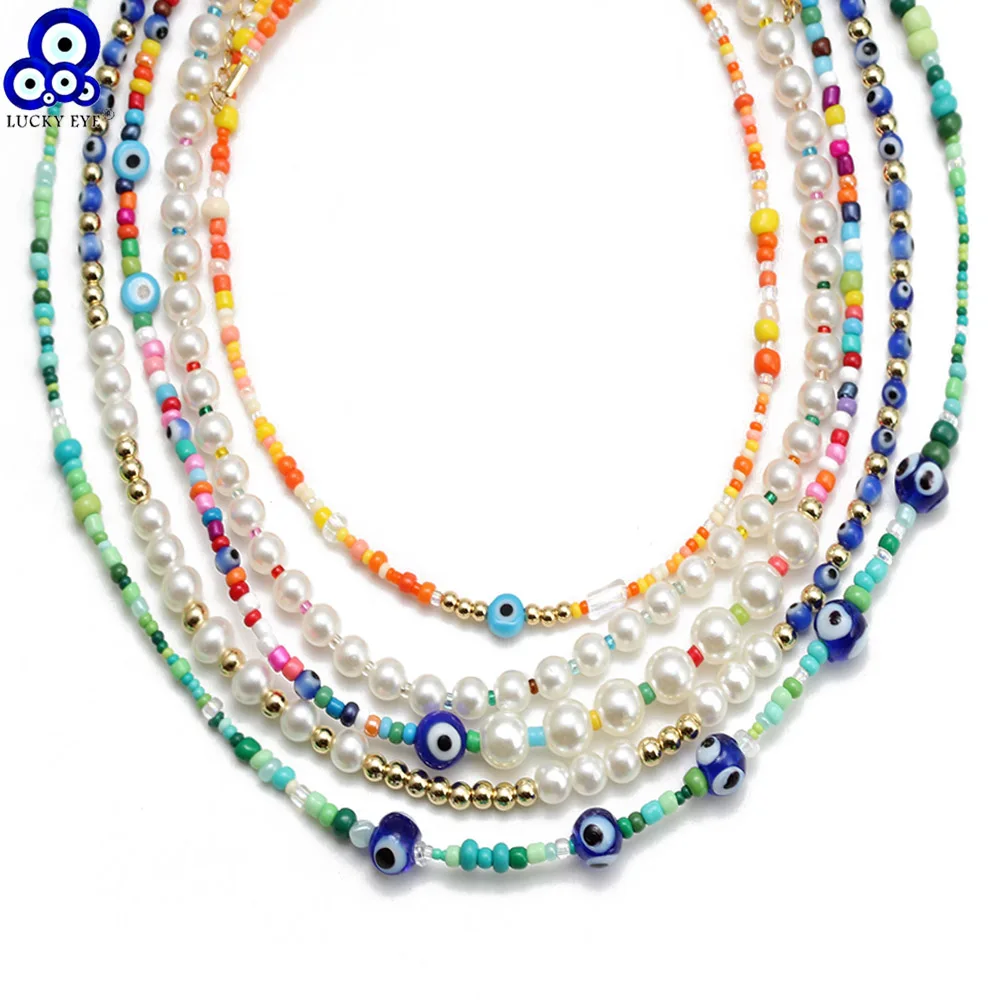 

Lucky Eye Turkish Evil Eye Bead Necklace Imitation Pearl Copper Seed Beads Necklace for Women Girls Men Fashion Jewelry BE909