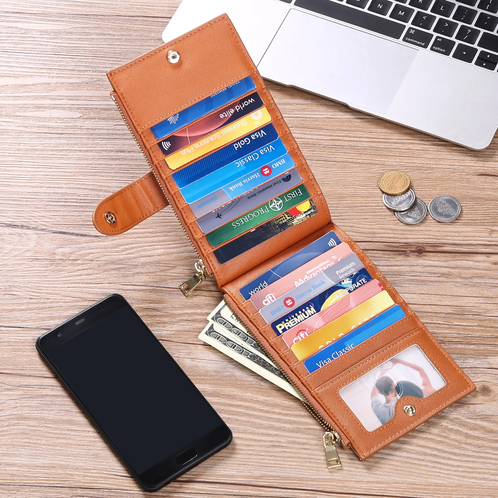 Genuine Leather Women Long Wallet Genuine Leather Coin Purse Solid Card Holder Accordion Card Slots Double Zipper Pocket