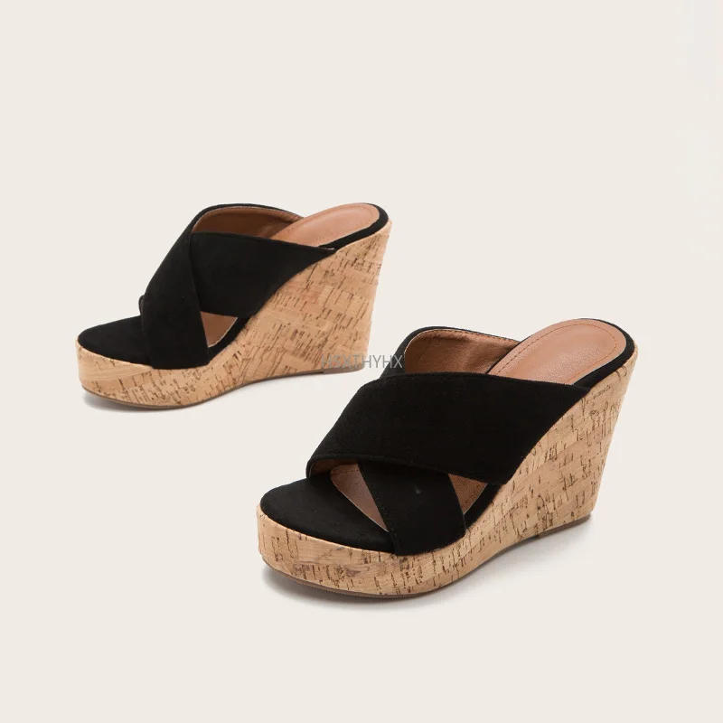 

2022 Casual Womens Shoes Summer Solid Wedges Slippers Slides Fashion Open Toe Slip-On Party Sandals Platform High Heels