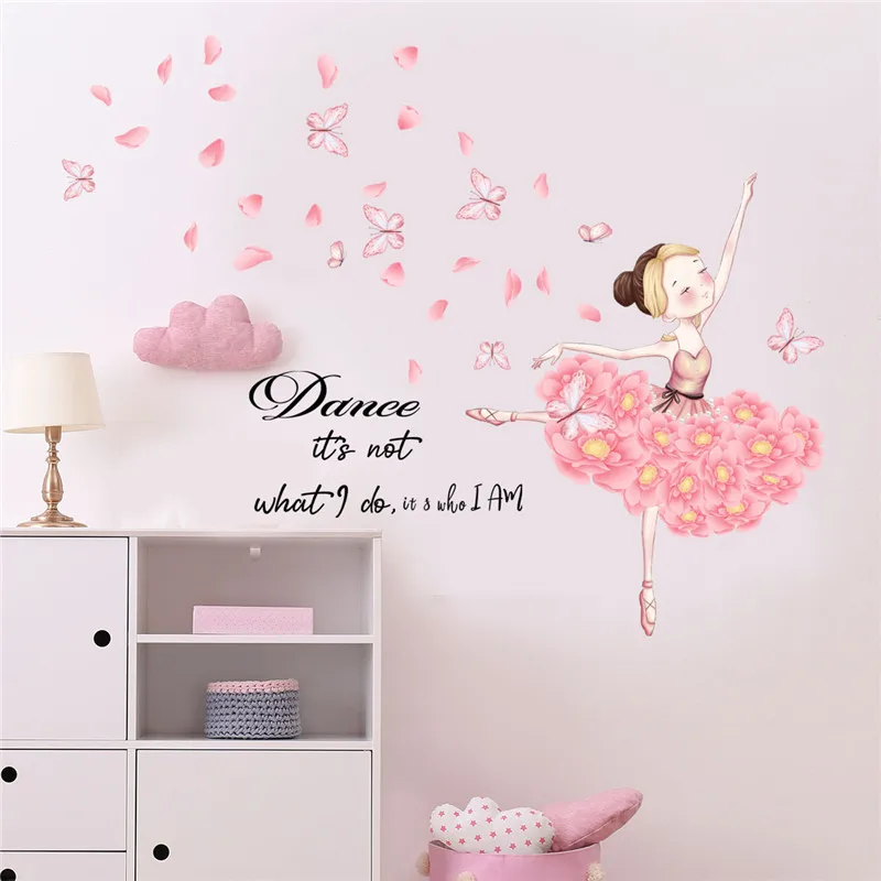 Dancing Girl Pink Butterfly Wall Sticker Nursery Art Decor Cute Butterflies Wall Decals for Girls Bedroom Wallpapers Home Decor