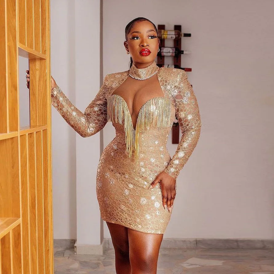 

Chic Short Aso Ebi Prom Dresses Gold Lace Tassels Mini Cocktail Dress Plus Size Black Girls Party Dress Sexy Women Wedding Gowns