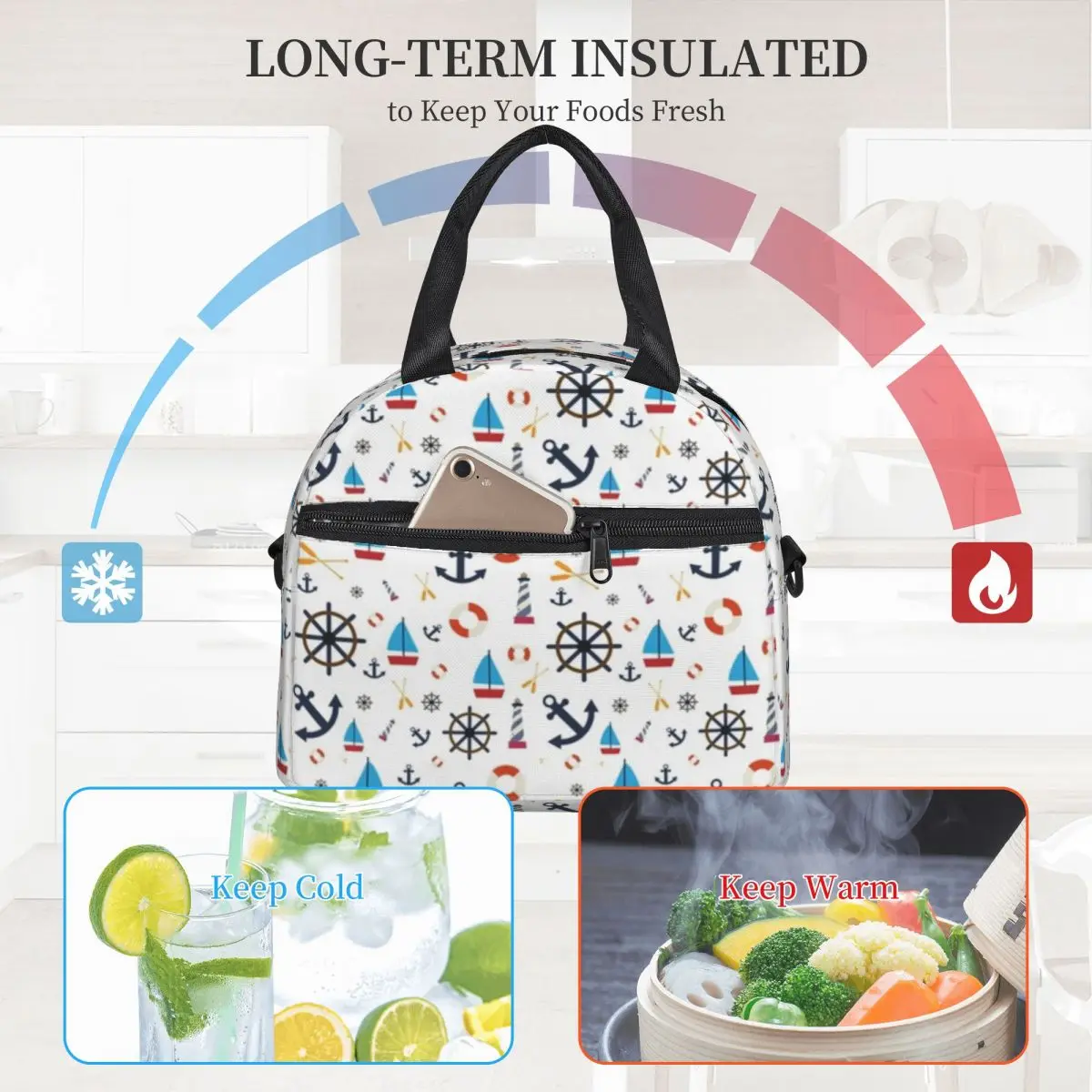 Nautical Theme Lunch Bag with Handle Clutch Cooler Bag Takeaway Fancy Meal Thermal Bag