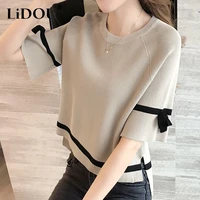 spring summer oversized elegant fashion bow knitted pullover t shirt tops women flare half sleeve temperament all match tees