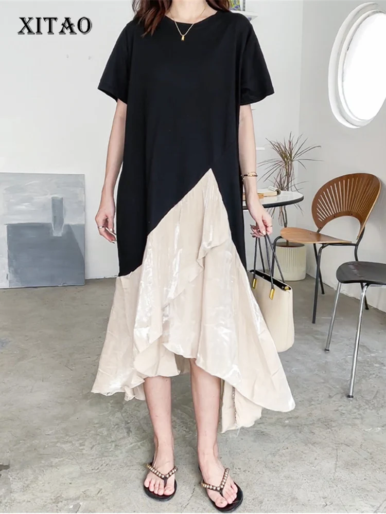 

XITAO Irregular Dress Fashion Pleated Goddess Fan Pullover Patchwork Small Fresh Half Sleeve 2022 Summer Minority Dress WMD6731