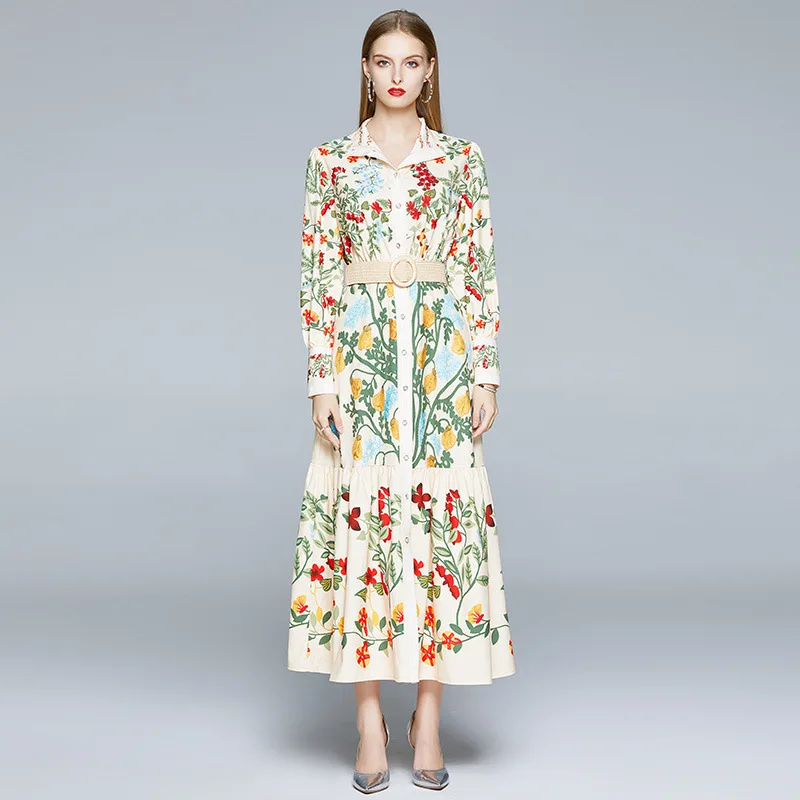 

Ladies Dress 2023 Vintage Women's Loose Floral Print Long Sleeve Swing Dress Long Dress