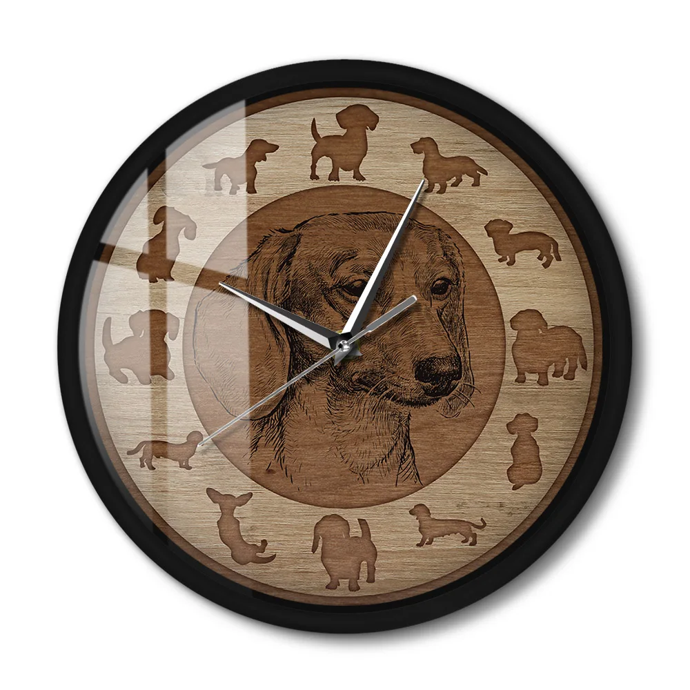 

Dachshund Dog Art Wood Texture Metal Frame Wall Clock Silent Wall Watch Sausage Puppy Weiner Dog Home Living Room Bedroom Decor