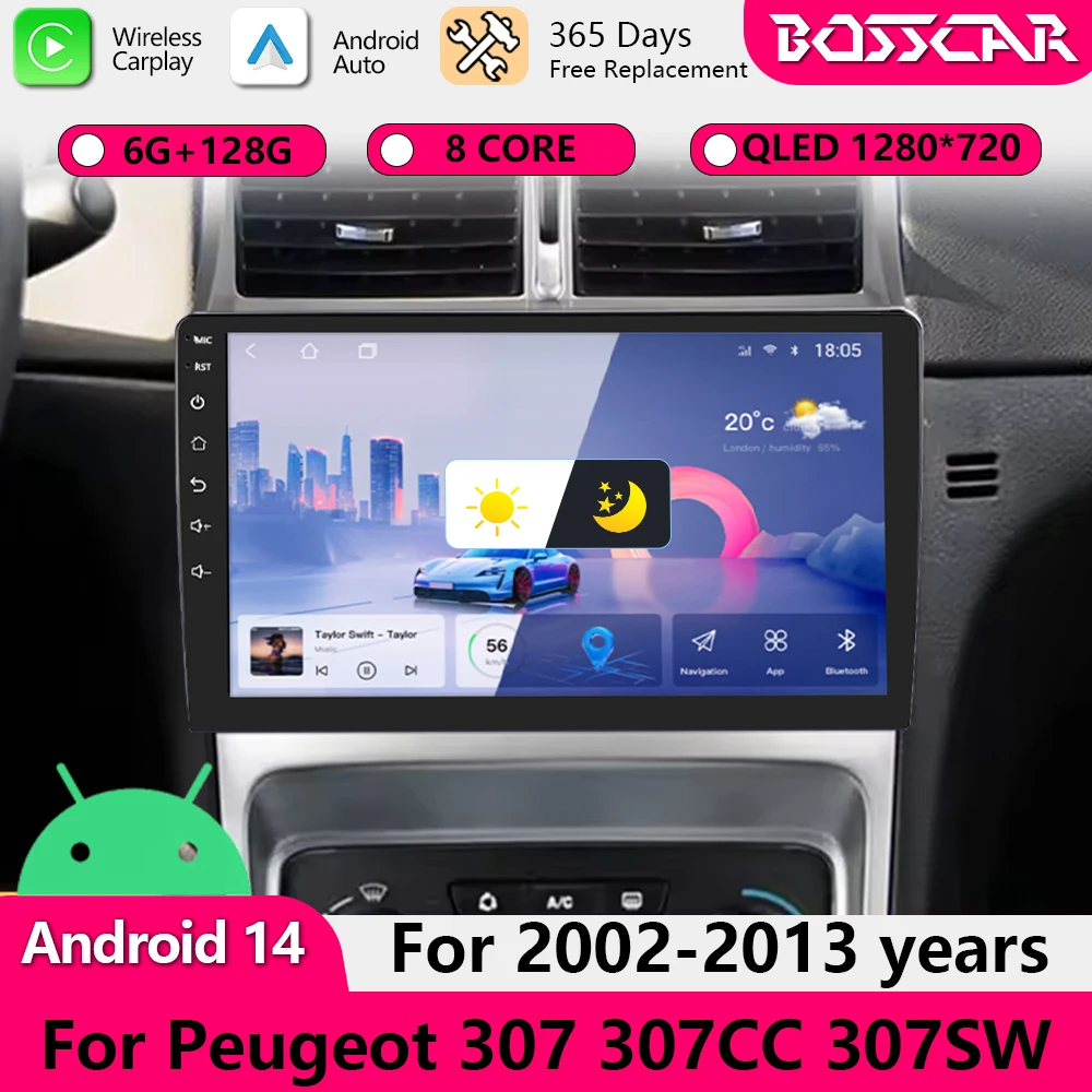 Фото Автомобильный радиоприемник BOSSCAR для Peugeot 307 307CC 307SW 2002-2013, беспроводной CarPlay, Android Auto, автомобильные интеллектуальные системы No 2 din 2din DVD №1
