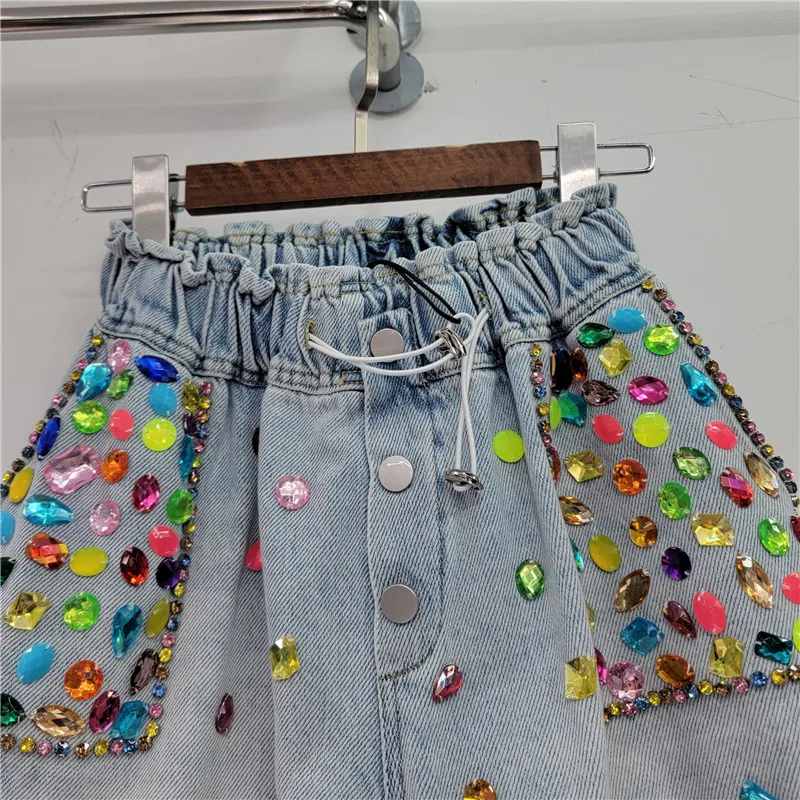 Summer 2023 Denim Shorts Women Ripped Multicolour Diamond Heavy High Waist Embroidered Flares Women's wide leg Jean Shorts