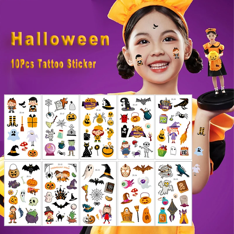 

10Sheets/Set Halloween Tattoo Sticker Children Arm Face Funny Tattoo Children Body Art Tattoo Cartoon Cute Body Tattoo for Kids
