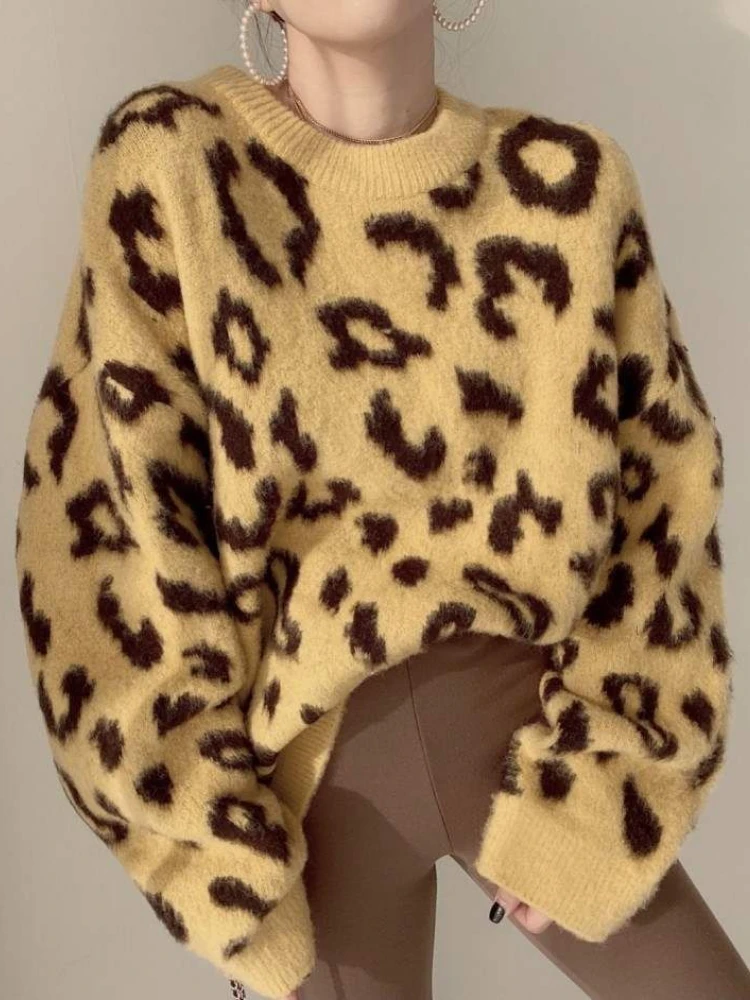 

Женский Осенний джемпер, Свободный вязаный пуловер с круглым вырезом, свитер с леопардовым принтом, универсальный свитер с длинным рукавом,...