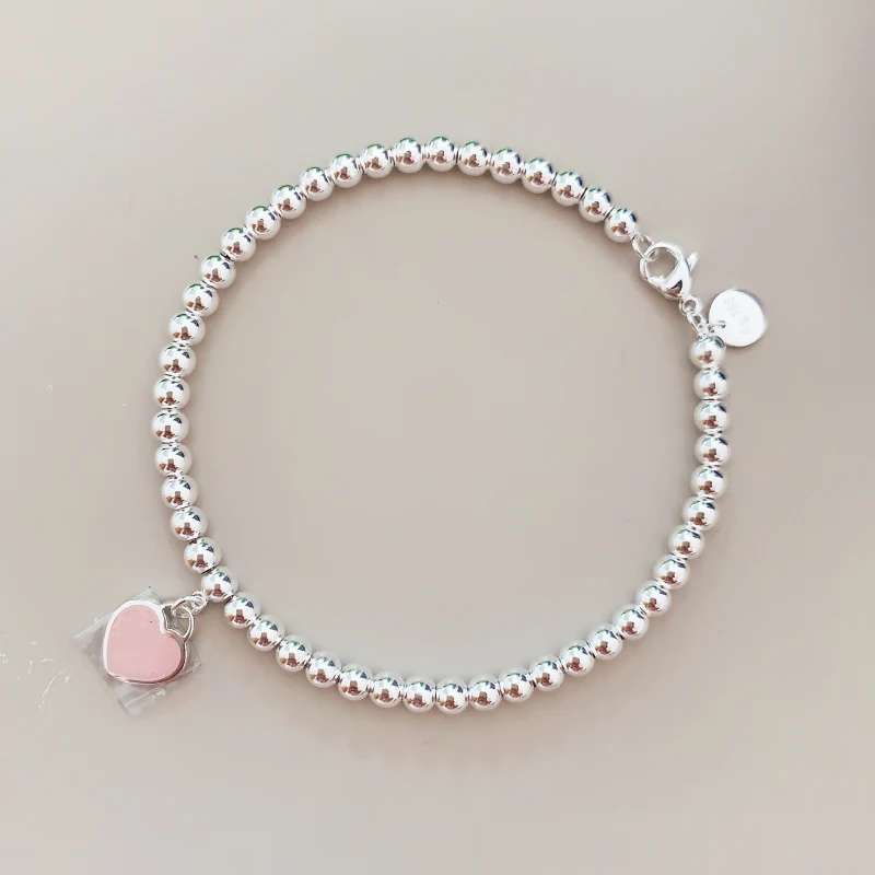 

S925 Sterling Silver Classic Heart-Shape 4mm Beads Enamel Bracelet Women1:1 Original Logo Exquisite Jewelry Valentine's Gift