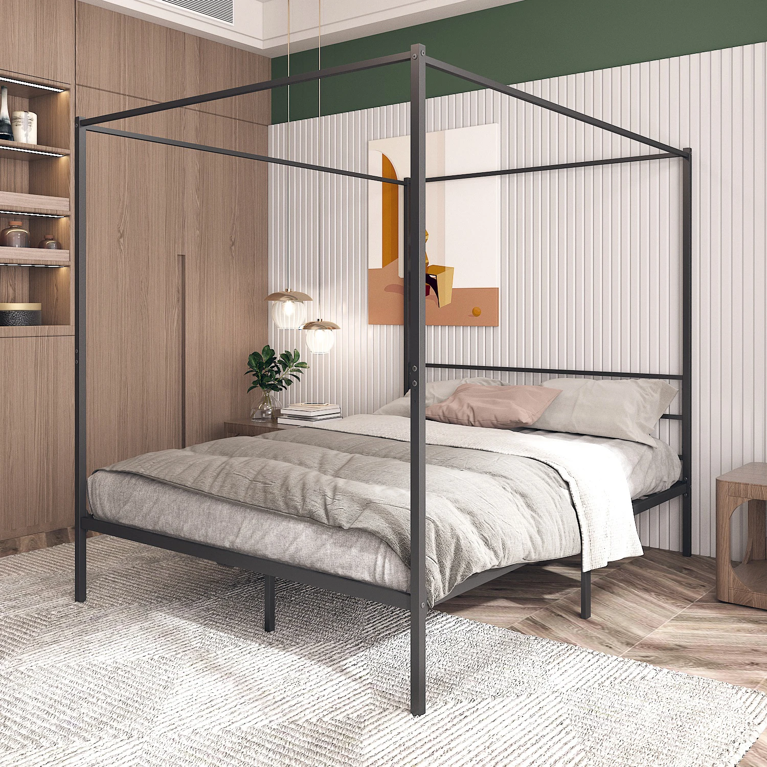 

Canopy Bed Frame Queen Size Black Metal 4 Poster Modern Post Corner With Headboard