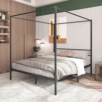 Canopy Bed Frame Queen Size Black Metal 4 Poster Modern Post Corner With Headboard