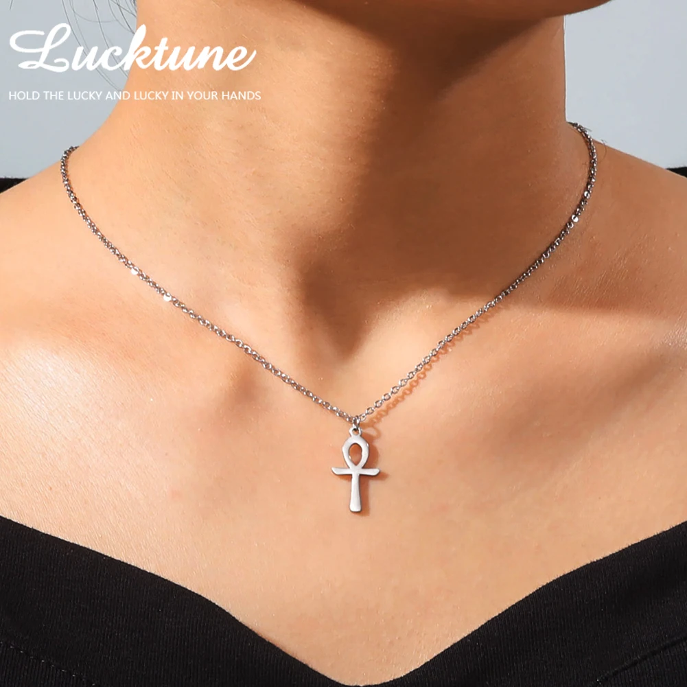 Lucktune Egyptian Ankh Crucifix Amulet Necklace Stainless Steel Key of Life Symbol Cross Pendant Necklace Women Religion Jewelry