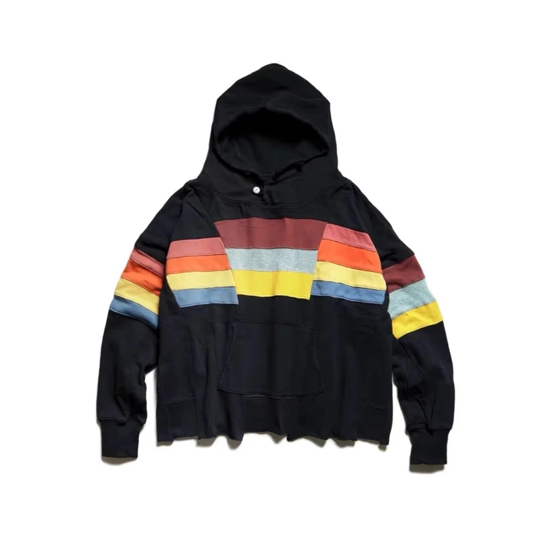

KAPITAL Japanese Trend Washing Water Make Old Colorful Stripes Split Joint Couple Style Leisure Hooded Sweater