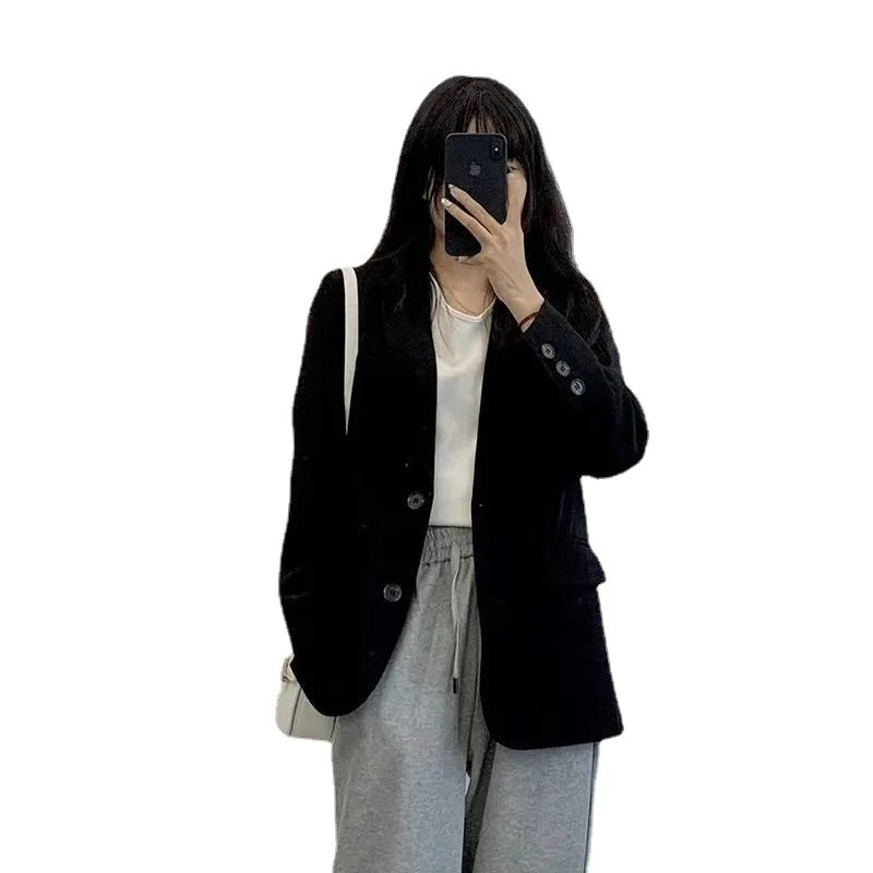 Women Khaki Chic Small Blazers Pockets Niche Loose Tops Femme Veste Autumn Casual Blazer Suit Solid Jacket Coat Female Outerwear