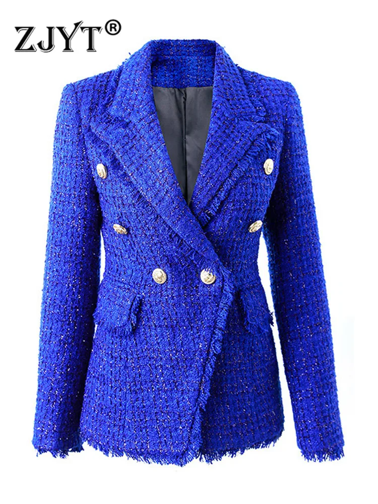 

ZJYT Autumn Winter Fashion Glitter Tweed Woolen Jackets Coats Women Long Sleeve Double Breasted Notched Blazer Office Outerwear