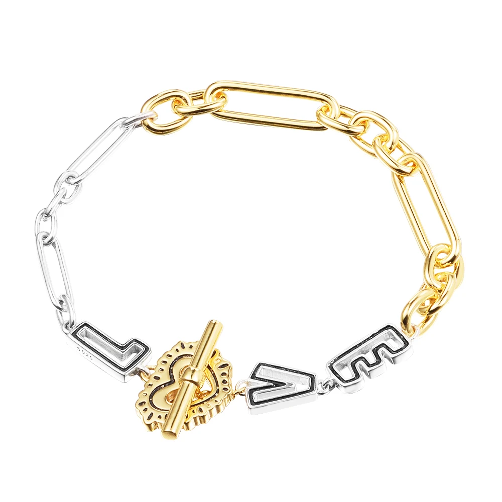 

QANDOCCI 2022 зимние блестящие двухцветные браслеты с любовными звеньями для женщин 925 Серебро DIY Подходит для европейских модных ювелирных изделий