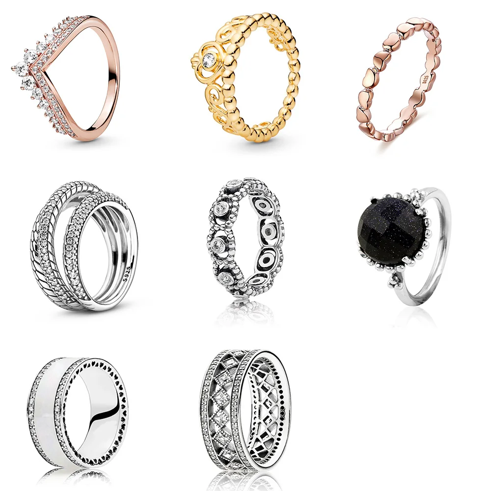 

925 Sterling Silver Ring Charms Diy Queen's Crown Rose Gold Heart Shape Finger Ring For Women Pandora Party Jewelry