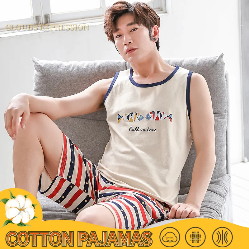 Летняя мужская пижама из 100% хлопка в полоску пижамный комплект повседневная