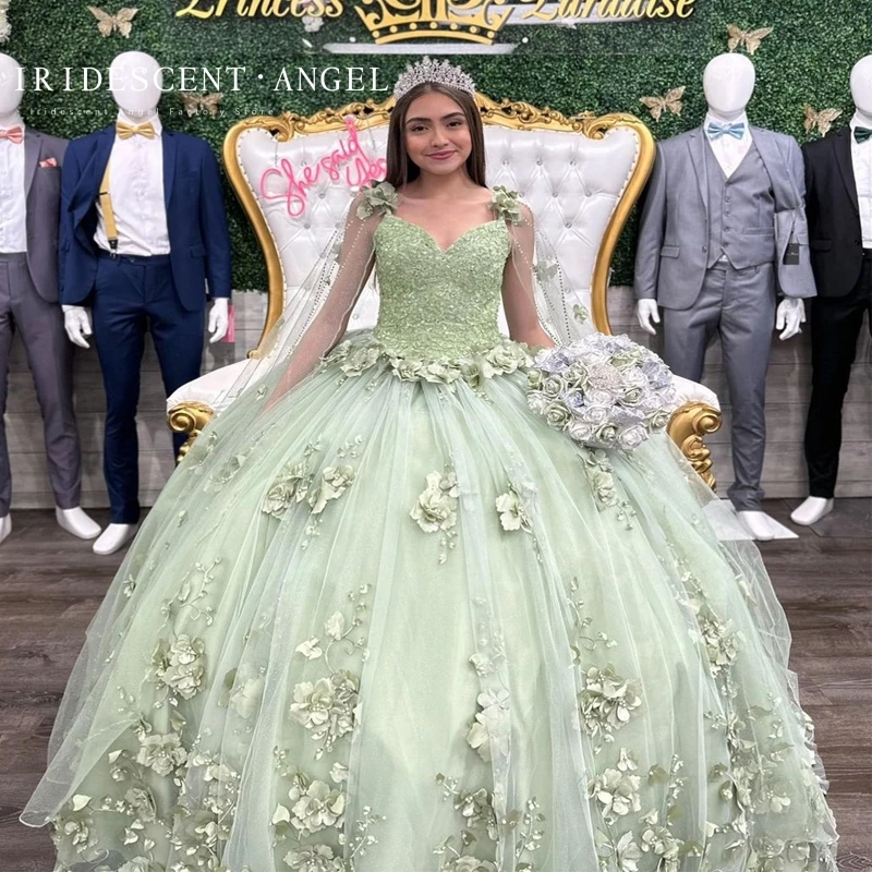 

IRIDESCENT Ball Gown Mint Green Quinceanera Dresses With 3D Flower Girl Vestido De 15 Anos 15 Year Old Birthday Party Gown