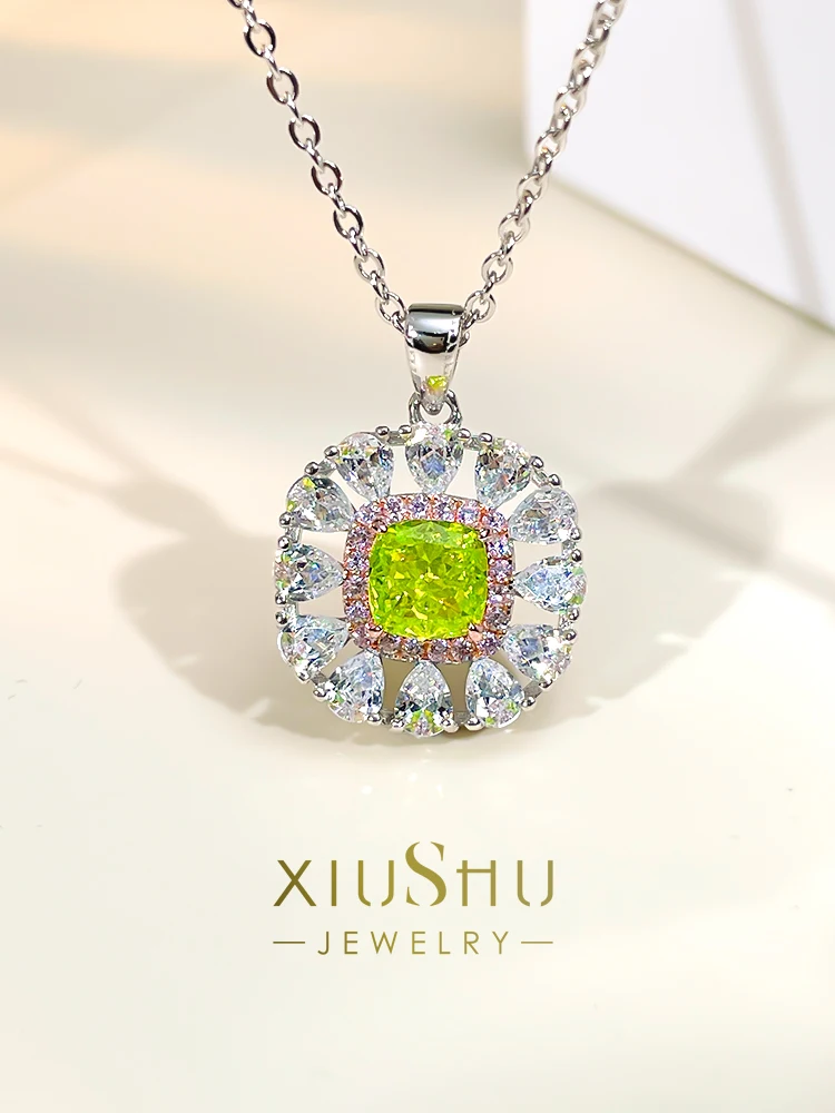 

Fashion, Light Luxury, Personalized Olive Green Flower 925 Silver Pendant Set with High Carbon Diamond, Versatile Style