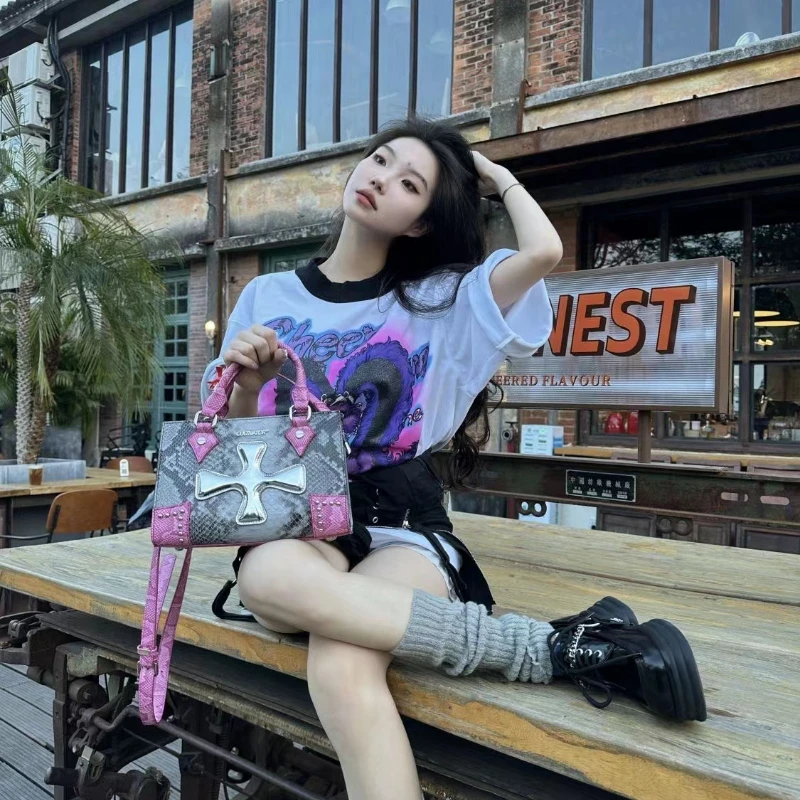 

Xiuya Y2k Gothic Handbags for Women American Style Cross Snake Pattern Crossbody Bag Vintage Biker Fashion Designer Shoulder Bag