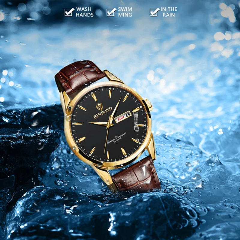 BINBOND Lover Watches Top Brand Luxury Couple Quartz Watch Waterproof Leather Watch Strap Watch for Women and Men Couple Gift