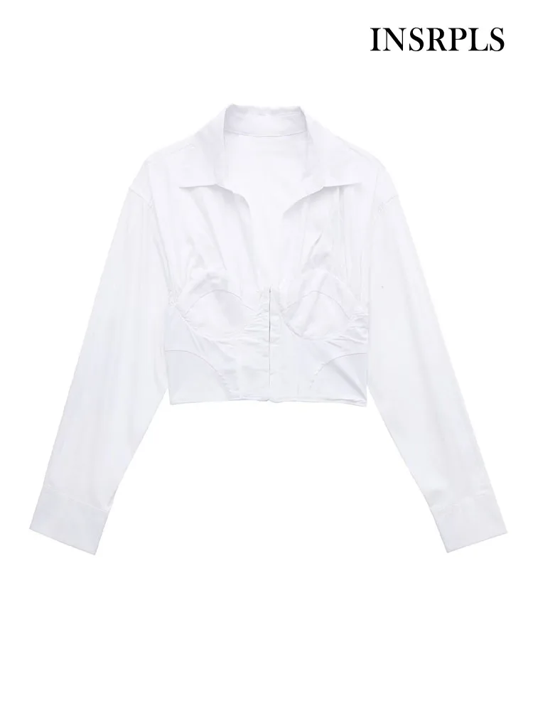 

INSRPLS Women Fashion Fitted Poplin Cropped Shirts Vintage Long Sleeve Front Metal Hook Female Blouses Blusas Chic Tops