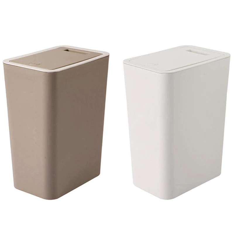 

2X 12L Bathroom Trash Can Toilet Kitchen Waste Bin Dustbin Garbage Bin Press Lid-Beige & Brown