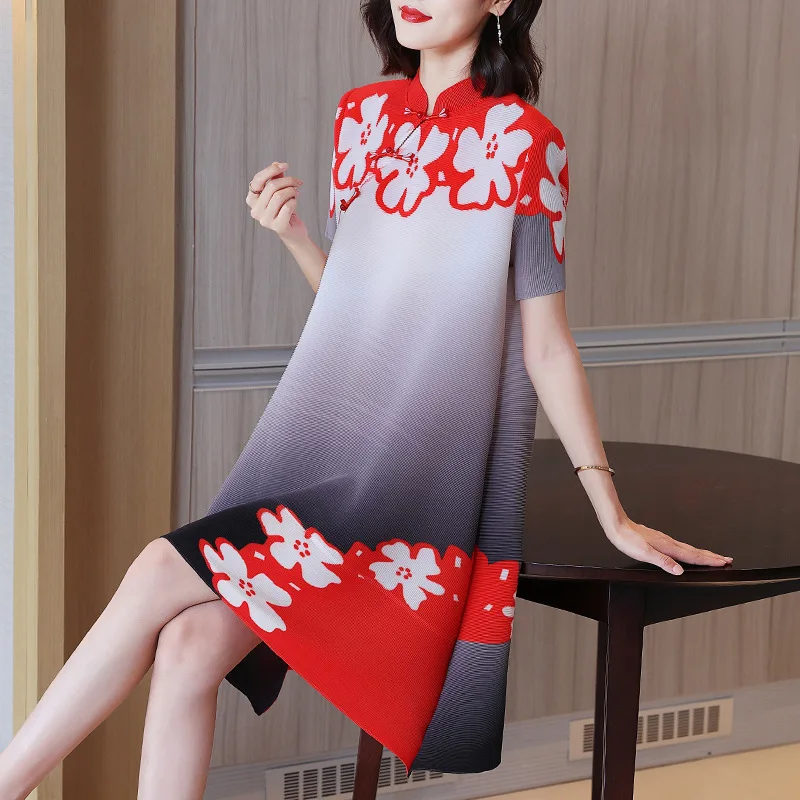 

Miyake Pleated Dress for Women 2022 Summer Clothing New Short Sleeve Fashionable Printed Loose Plus Size Clothing for Women