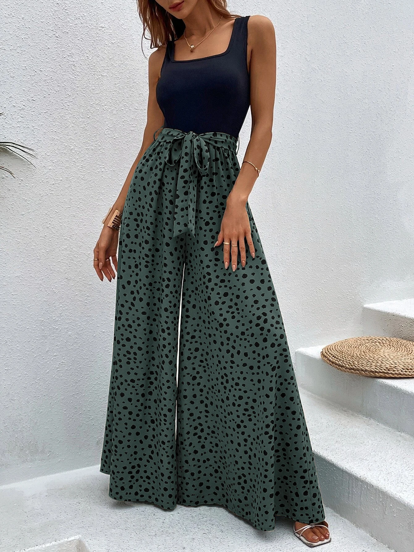 Women Jumpsuits New Style Elegant Sexy Polka Dot Print Sleeveless Wide-leg Fashion Clothes with Belt