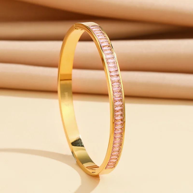 304 Stainless Steel Half Circle Micro-inlaid Crystal Square Zircon Geometric Open Size Charming And Elegant Girl Bracelet Bangle