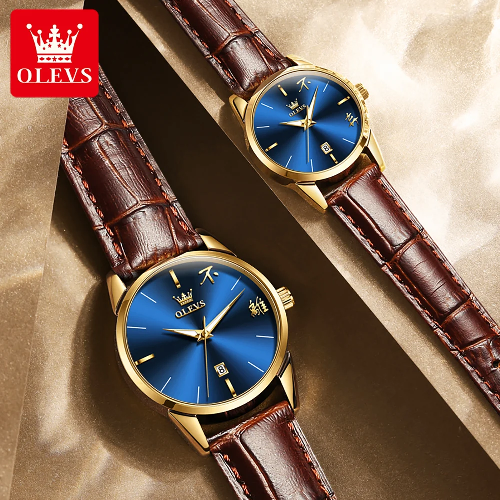 OLEVS 2022 Fashion Couple Watches Luxury Leather Strap Waterproof Calendar Blue Dial Lover's Quartz Watch for Men Women Relogios