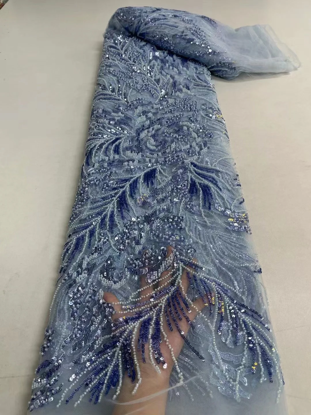 

Luxury Sky Blue French 3D Beaded Tulle Lace Fabric High Quality 2022 African Net Lace Fabrics With Sequins For Evening Dresse