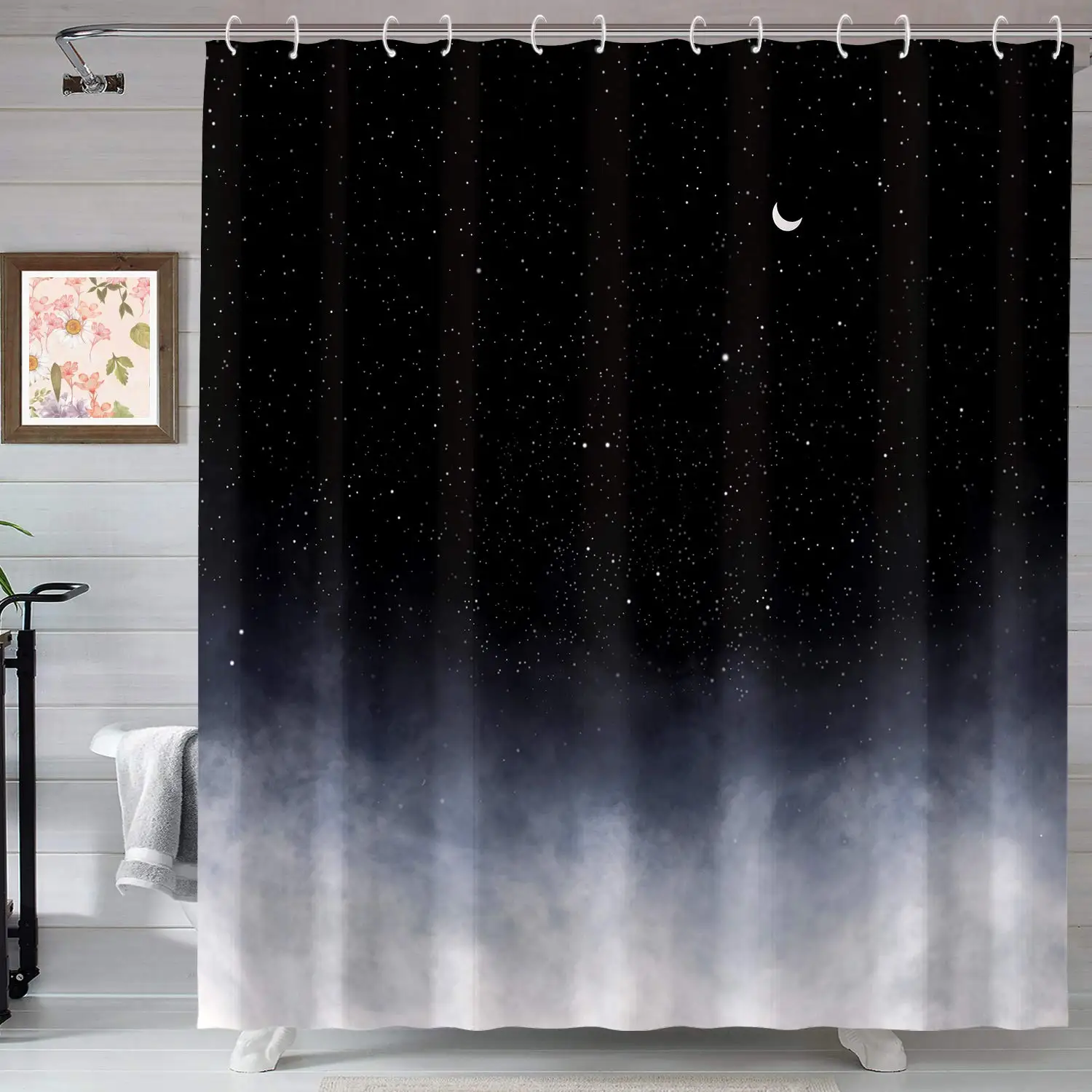 

Black Shower Curtain Stars and New Moon Fantasy Galaxy Bathroom Curtains Night Starry Sky Shower Curtains Bathtub Decor Sets