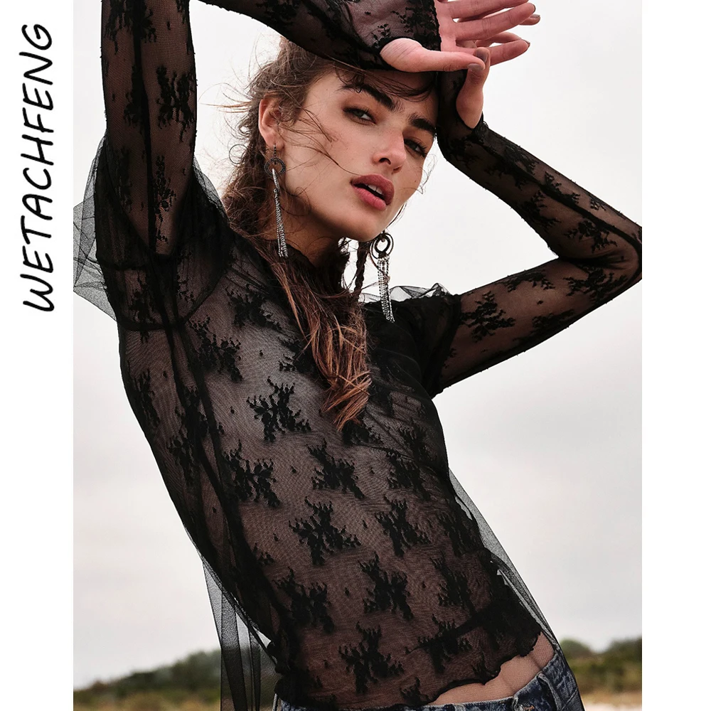 Черные сексуальные модные кружевные футболки топы женские летние с длинным