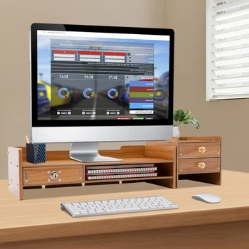 Wooden Desk Organizer Computer Monitor Stand Desktop Shelf Holder Laptop File Storage