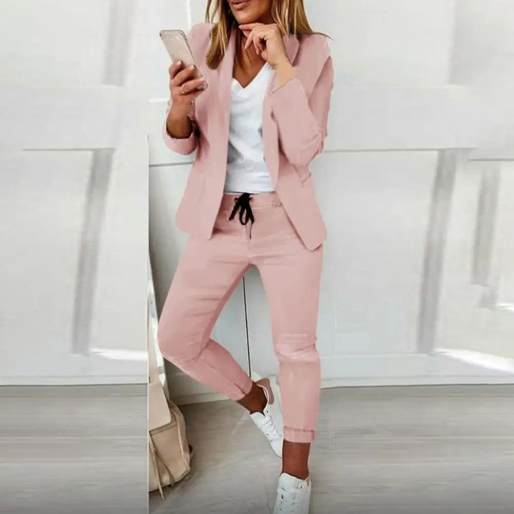 1 Set Stylish Formal Suit Set Outfit Blazer Trousers Long Sleeve Open Stitch Blazer Elastic Waist Trousers  Ankle Tied