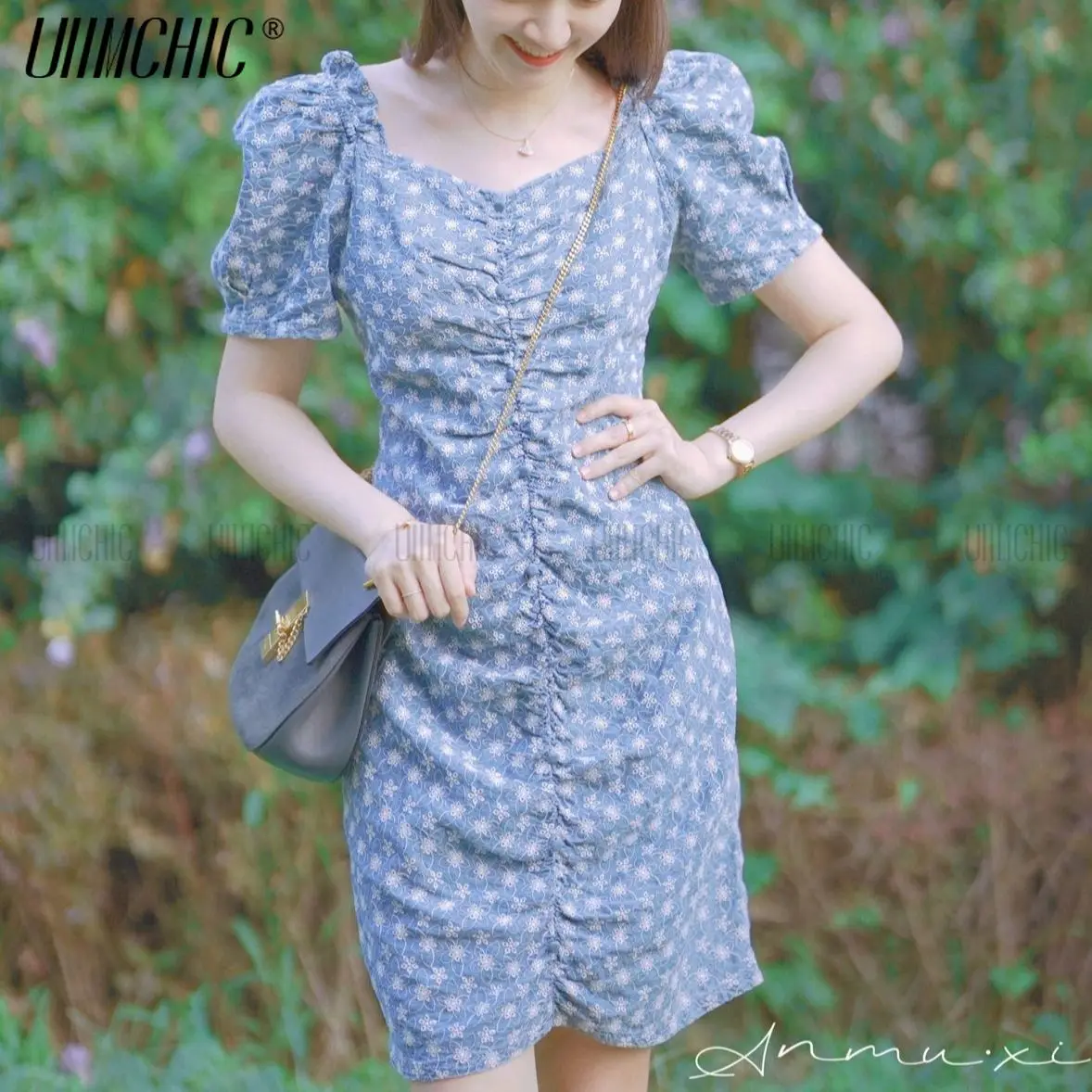 

Embroidery Flower Shirring Pleats Mini Women's Dress Puff Short Sleeve Chiffon Summer French Prairie Chic Beautiful Sweet Style