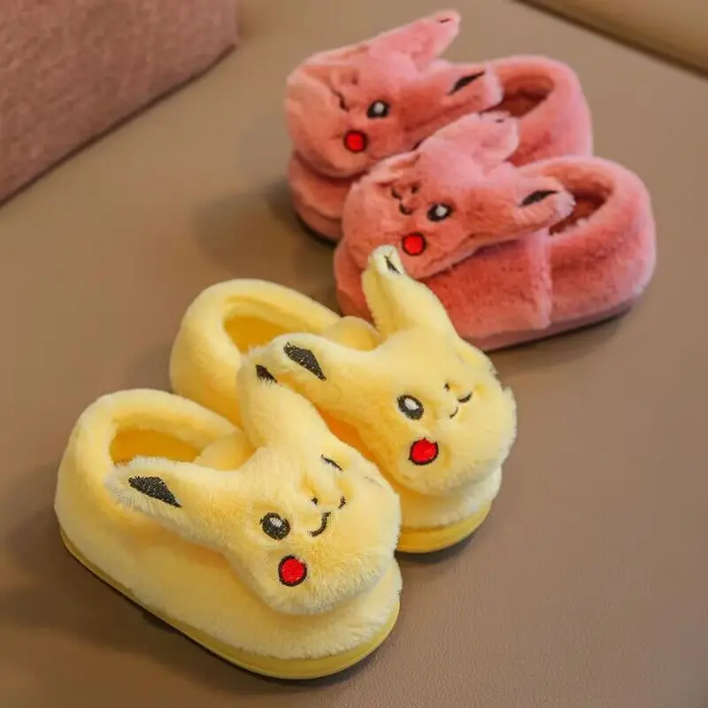 

Anime Pokemon Pikachu Kids Cotton Slippers Bag with Winter Home Slippers Furry Non Slip Boy Girl Children Baby Cotton Shoe Gifts